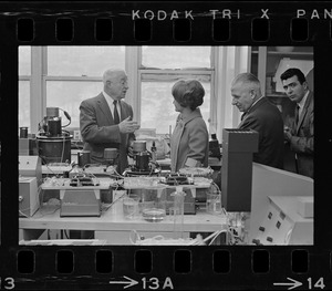 Unidentified man, Representative Margaret Heckler, William Perkins, and unidentified man at Veterans Hospital, Jamaica Plain