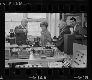 Unidentified man, Representative Margaret Heckler, William Perkins, and unidentified man at Veterans Hospital, Jamaica Plain