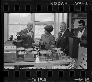 Unidentified man, Representative Margaret Heckler, William Perkins, and unidentified man at Veterans Hospital, Jamaica Plain