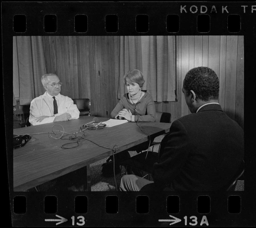 Representative Margaret Heckler being interviewed during visit to VA facility in West Roxbury