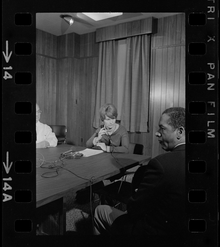 Representative Margaret Heckler being interviewed during visit to VA facility in West Roxbury