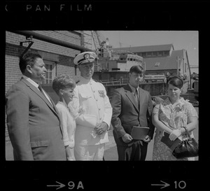 Unidentified man, Callie Paul, Rear Adm. Joseph C. Wylie, and two unidentified people at the commissioning of U. S. S. Paul at Charlestown Navy Yard