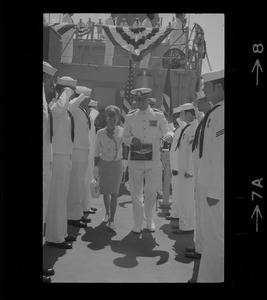 Mrs. Callie Paul of Vandalis, Ohio, is escorted by Rear Adm. Joseph C. Wylie doing commissioning ceremonies at Charlestown Navy Yard aboard the new destroyer escort U. S. S. Paul