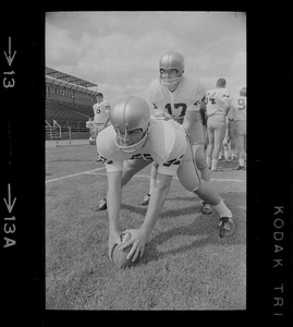 Boston College football players John Egan and Frank Harris during workouts