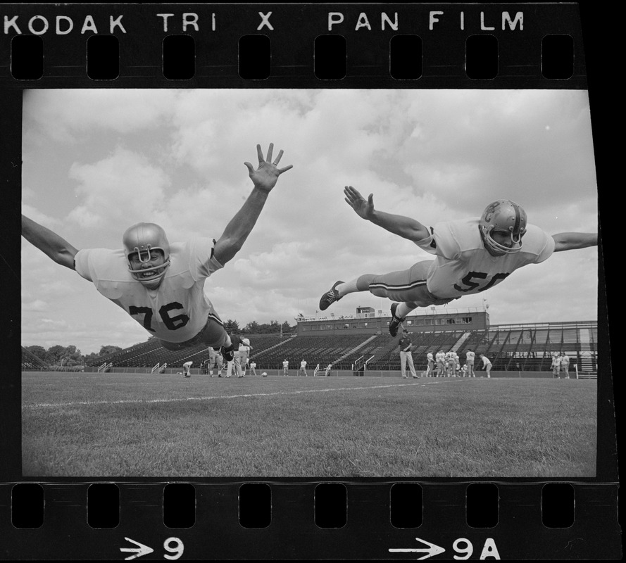 Boston College football players John Fitzgerald and Jim McCool during workouts