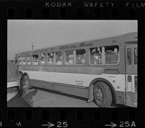 Bus carrying draftees passing anti-war protest at Boston Army Base