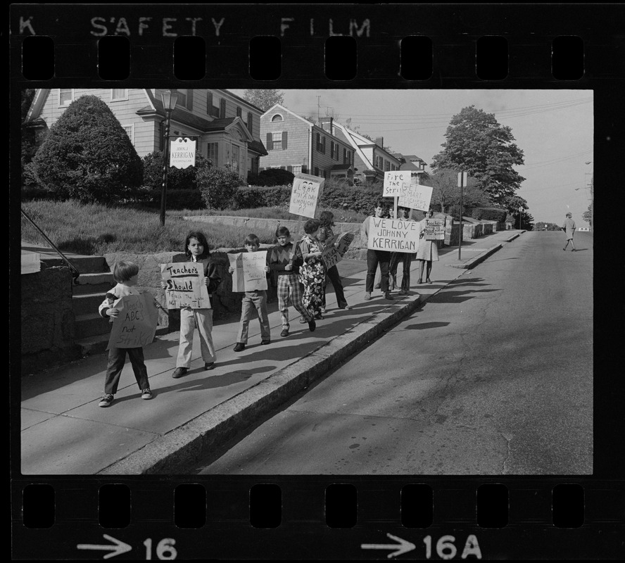 Students picketing against teachers' strike outside office of John J. Kerrigan