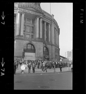 Anti-war protesters gathering at South Station before marching to Boston Army Base