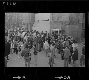 Anti-war protesters gathering at South Station before marching to Boston Army Base