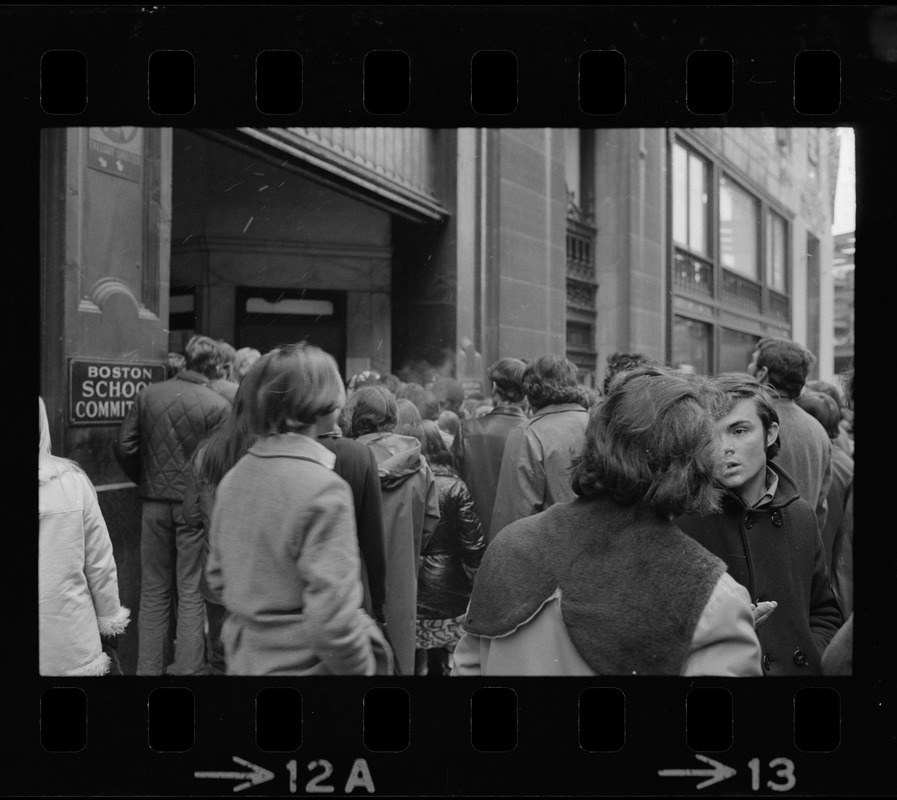 Demonstration by Boston high school students outside offices of Boston School Committee