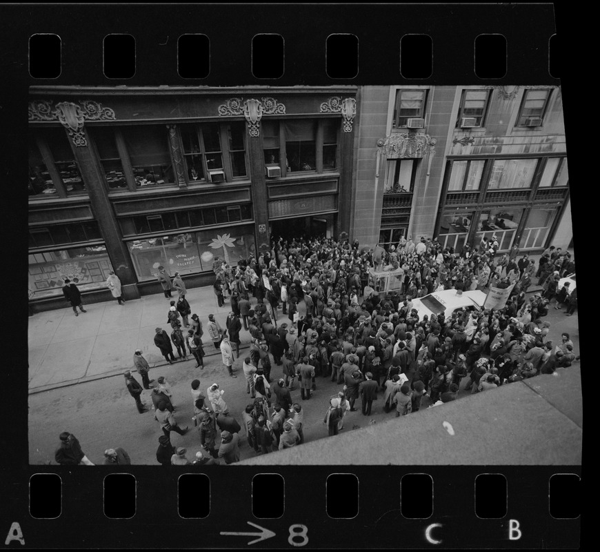 Demonstration by Boston high school students outside offices of Boston School Committee