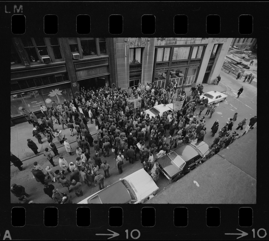 Demonstration by Boston high school students outside offices of Boston School Committee