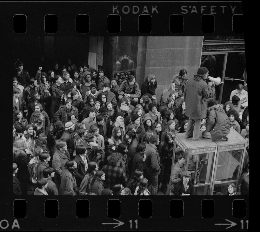 Demonstration by Boston high school students outside offices of Boston School Committee