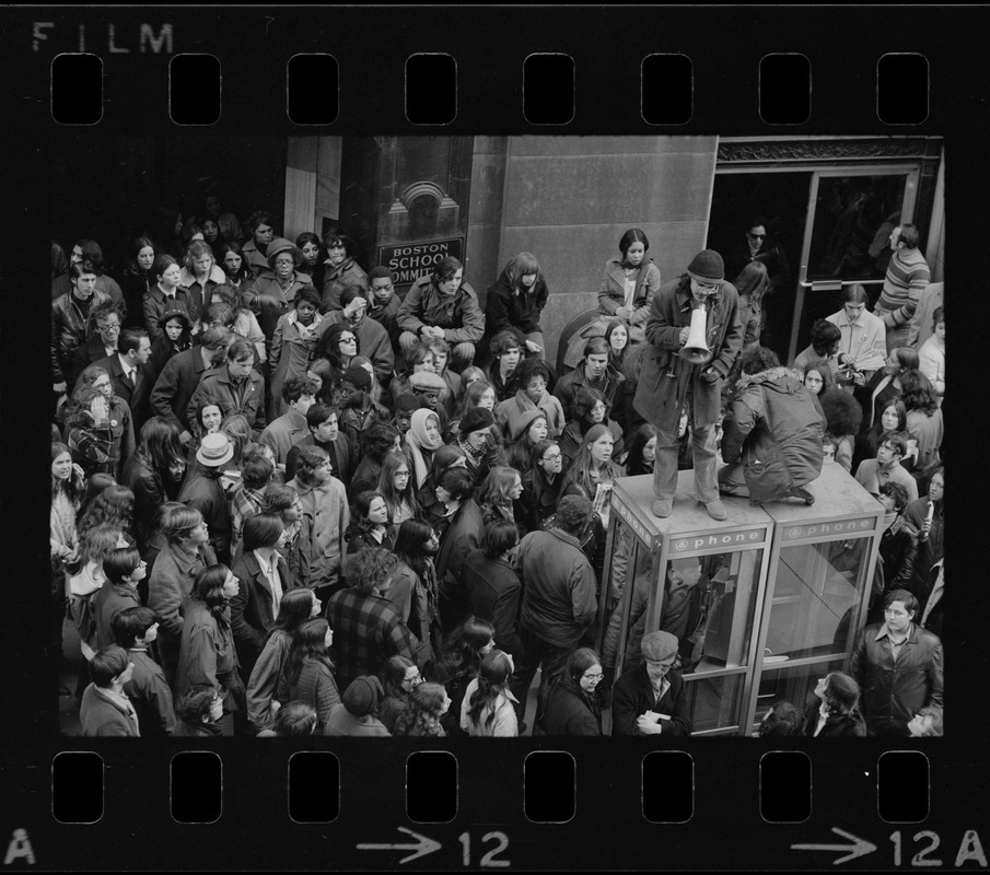 Demonstration by Boston high school students outside offices of Boston School Committee