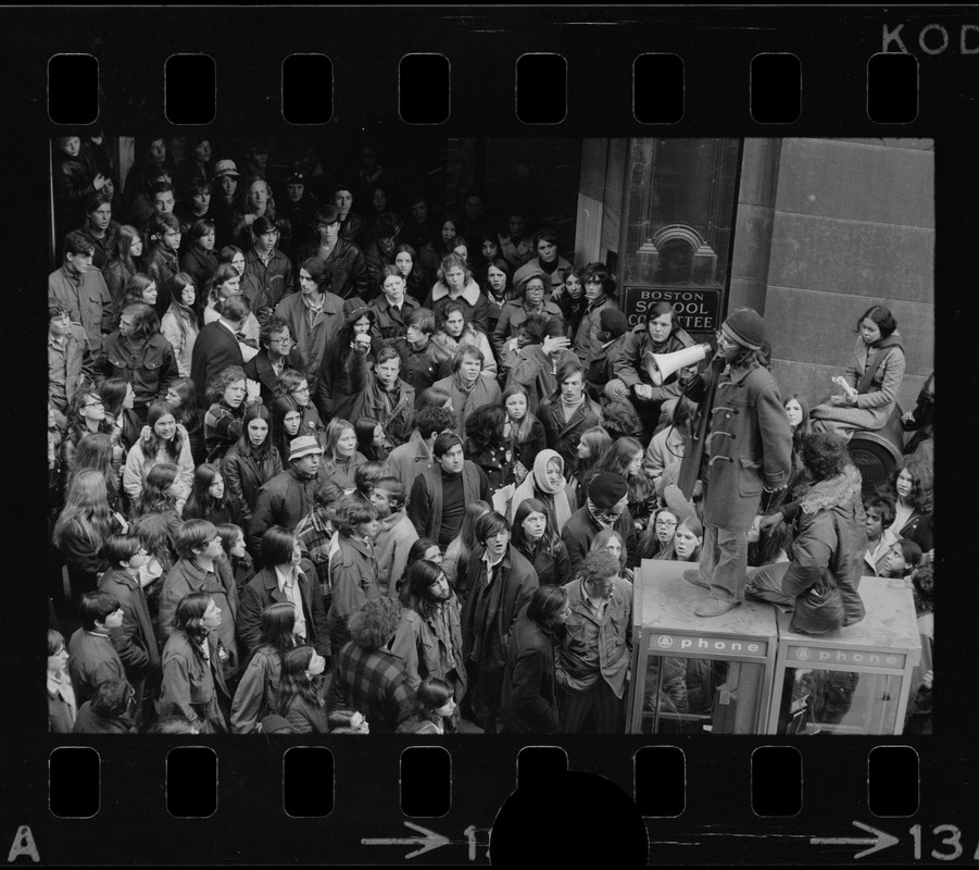 Demonstration by Boston high school students outside offices of Boston School Committee