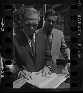 Mayor Kevin White and BRA director John D. Warner signing contract for remodeling of the old Boston City Hall