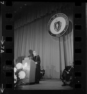 At University of Massachusetts commencement in War Memorial Auditorium. From left, John W. Lederle, president, Boston Chancellor Francis L. Broderick and graduate Peter A. Bradley of Walpole