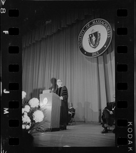 Chancellor Dr. Francis L. Broderick addressing University of Massachusetts commencement in War Memorial Auditorium