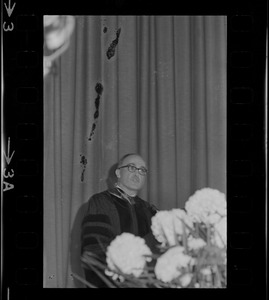 Chancellor Dr. Francis L. Broderick addressing University of Massachusetts commencement in War Memorial Auditorium