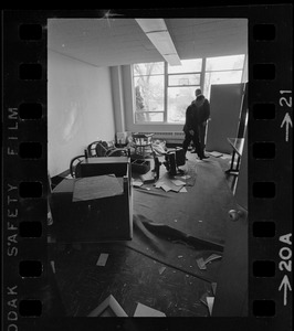 Boston University administrative office damaged by gasoline firebombs during anti-war protest