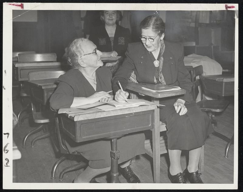 Age Is No Bar to studying when the pupils are working for their American citizenship. Mrs. Hedwig Gara, 76, at left, and Mrs. Rachel Alban, 84, help each other out in the school for DP’s conducted by the Boston Section, National Council of Jewish Women at Temple Kehillath Israel, Brookline.