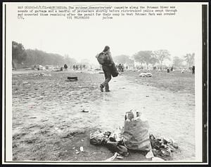 The antiwar demonstrators' campsite along the Potomac River was mounds of garbage and a handful of protesters shortly before riot-trained police swept through and arrested those remaining after the permit for their camp in West Potomac Park was revoked 5/2.