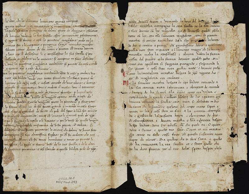 Bifolium from a copy of the Leggenda di Lazzarro, Marta, e Maddalena
