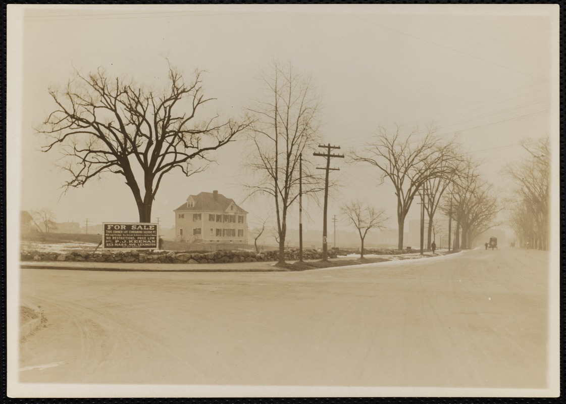 Street intersection in winter with sign that advertises a corner lot for sale