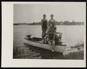 Five young men in bathing suits on boat (envelope marked "Bamford")
