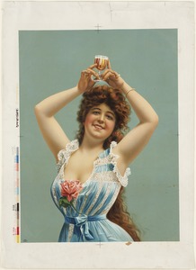 Woman holding glass of beer over her head