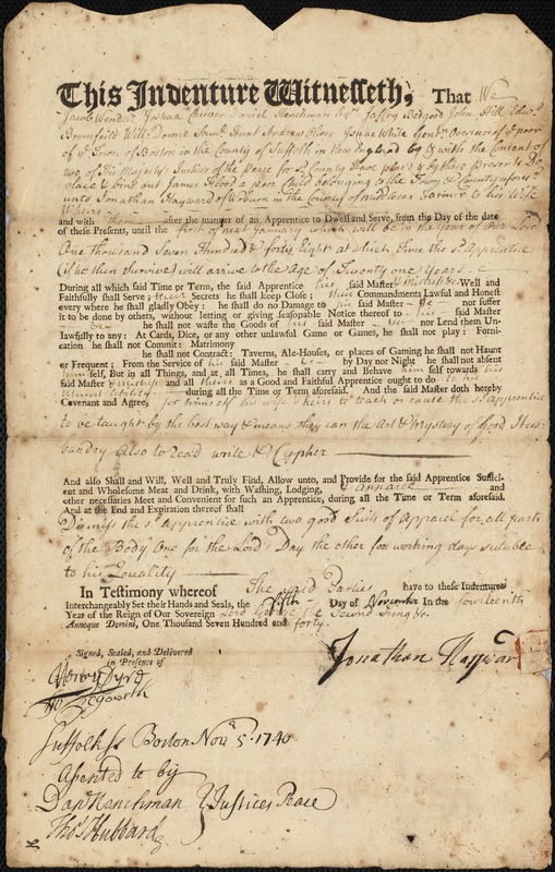 James Flood indentured to apprentice with Jonathan Hayward of Woburn, 5 November 1740