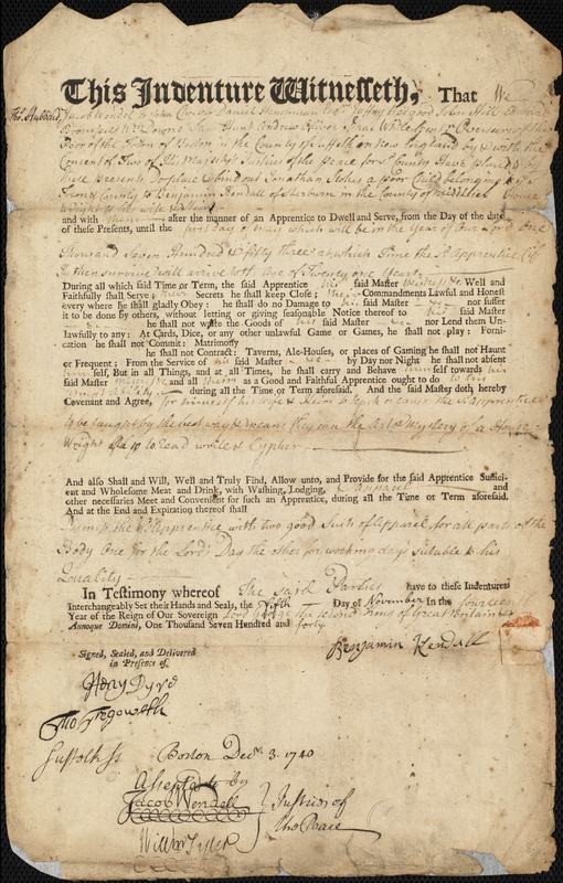 Jonathan Stokes indentured to apprentice with Benjamin Kendall of Sherborn, 5 November 1740