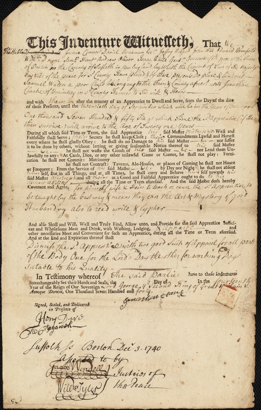 Samuel Waters indentured to apprentice with Jonathan Clark of Braintree, 3 December 1740