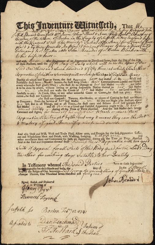 Eleanor Green indentured to apprentice with John Beaudri of Boston, 12 February 1741