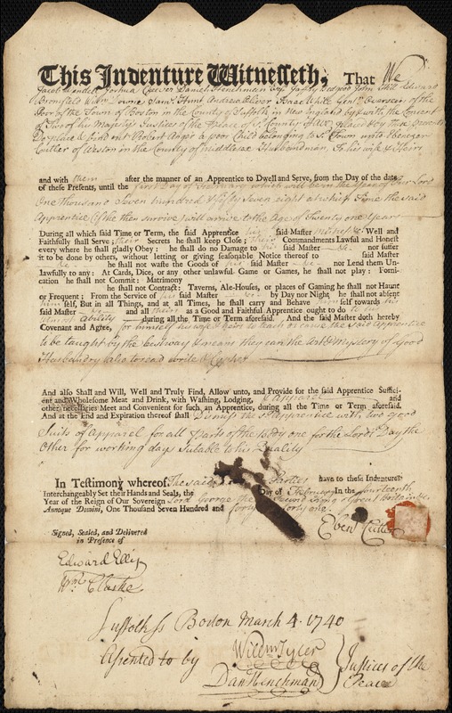Robert Anger indentured to apprentice with Ebenezer Cutler of Weston, 1 February 1741