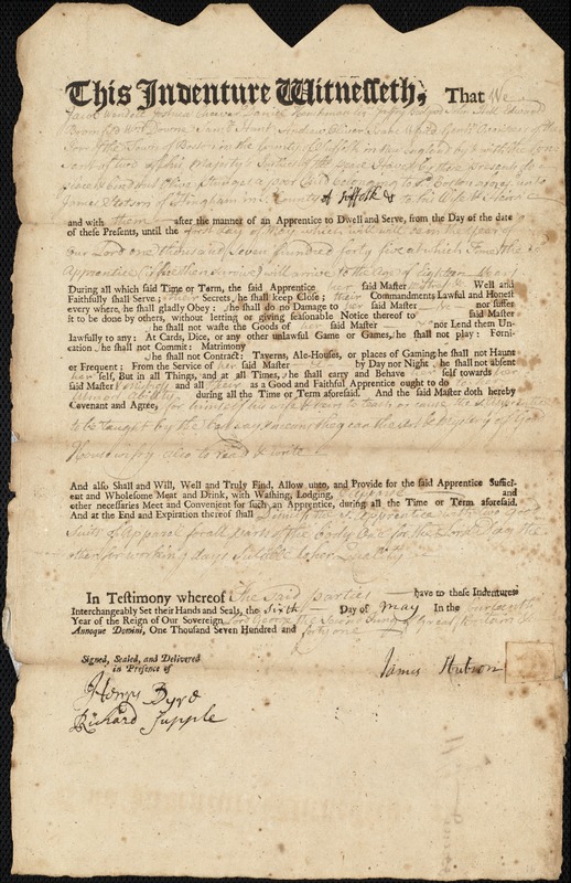 Olive Sturges indentured to apprentice with James Stetson of Hingham, 6 May 1741