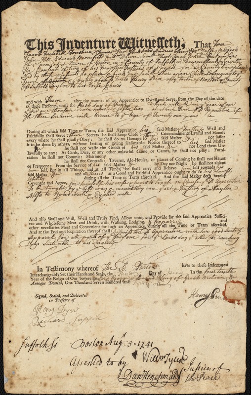 Samuel Star indentured to apprentice with Henry Price of Boston, 3 June 1741