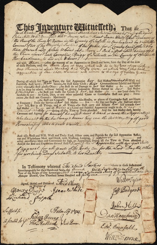 Mary Peck indentured to apprentice with Cornelius Briggs of Scituate, 2 September 1741