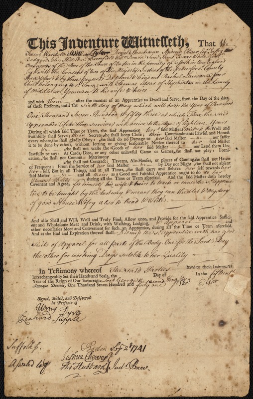 Rachel Lawson indentured to apprentice with Thomas Edsar of Hopkinton, 2 September 1741