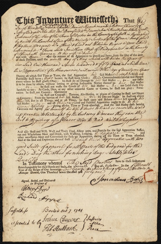 William Negers indentured to apprentice with Jonathan Bass of Bridgewater, 7 October 1741