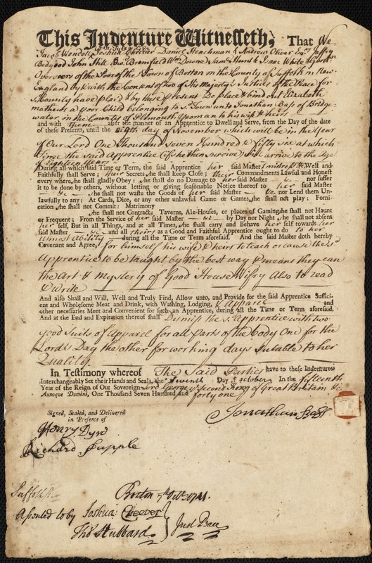 Elizabeth Mathews indentured to apprentice with Jonathan Bass of Bridgewater, 7 October 1741