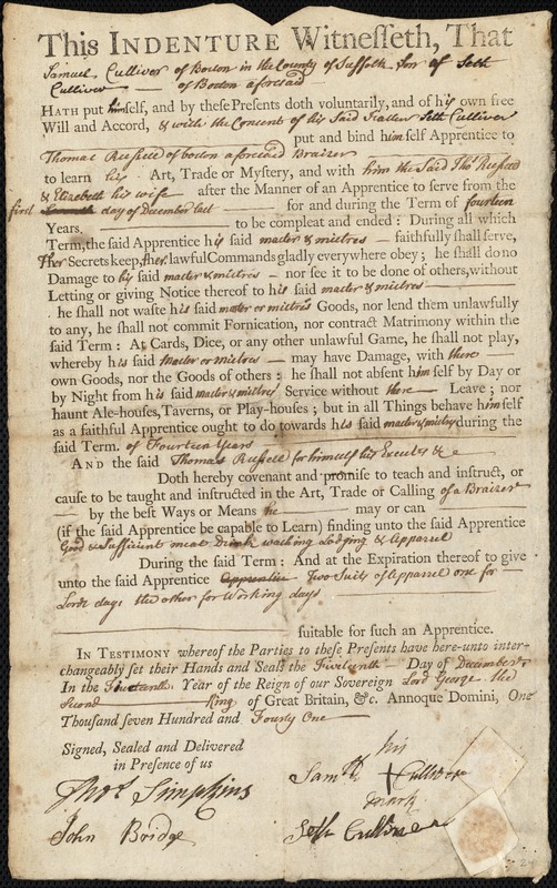 Samuel Culliver indentured to apprentice with Thomas Russell of Boston, 15 December 1741