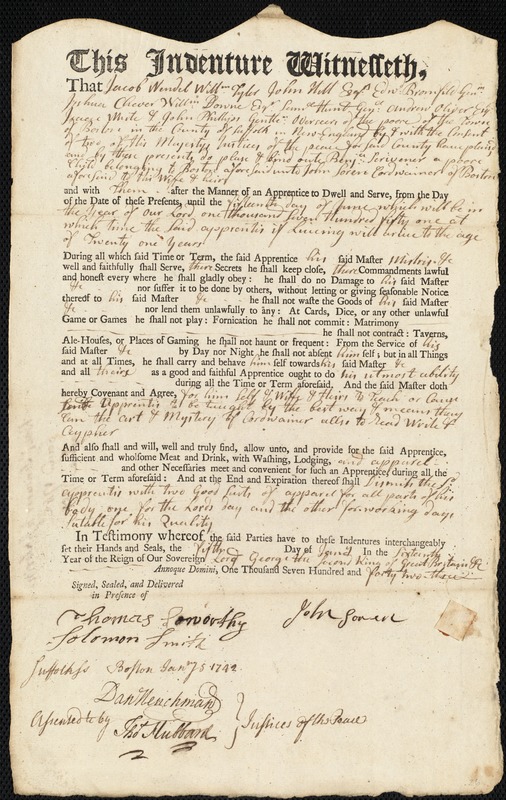 Benjamin Scrivener indentured to apprentice with John Soren of Boston, 5 January 1742