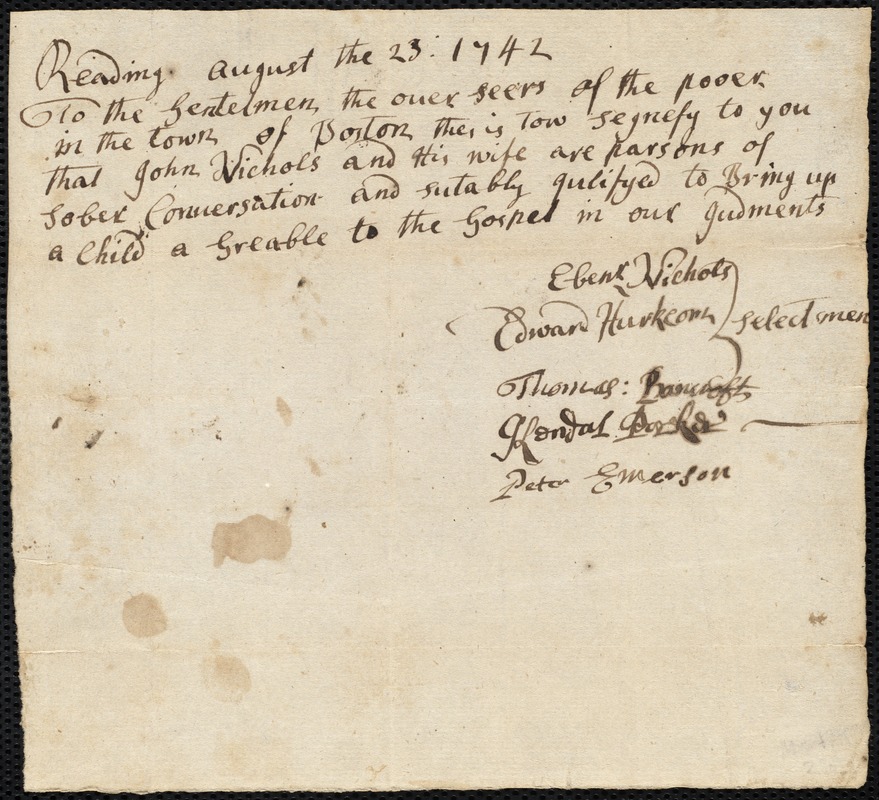 Savage Perry indentured to apprentice with John Nichols of Reading, 2 February 1742