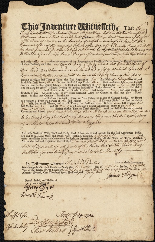 James Campbell indentured to apprentice with James Dodge of Boston, 7 April 1742