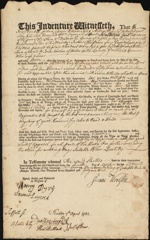 Mary Bass indentured to apprentice with Isaac Woolson of Weston, 7 April 1742