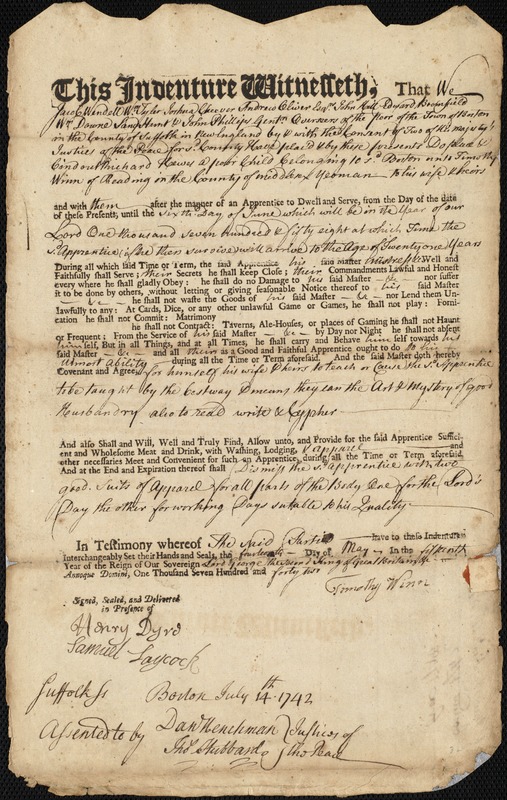 Richard Hewes indentured to apprentice with Timothy Winn of Reading, 14 May 1742