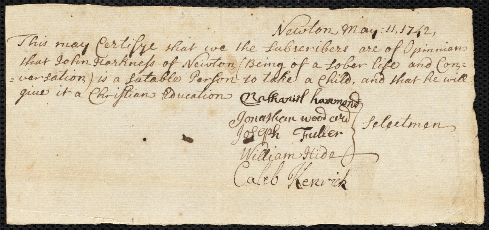 Easter Smith indentured to apprentice with John Harkness of Newton, 2 June 1742