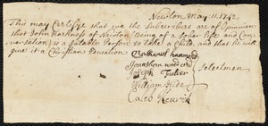 Document of indenture: Servant: Smith, Easter. Master: Harkness, John. Town of Master: Newton. Selectmen of the town of Newton autograph document signed to the Overseers of the Poor of Boston: Endorsement Certificate for John Harkness.