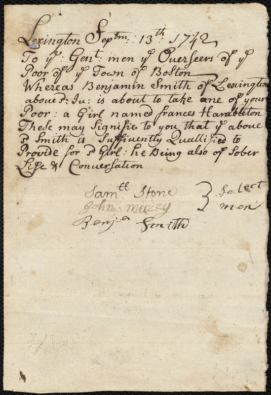 Frances Hamilton indentured to apprentice with Benjamin Smith, Jr. of Lexington, 14 March 1742
